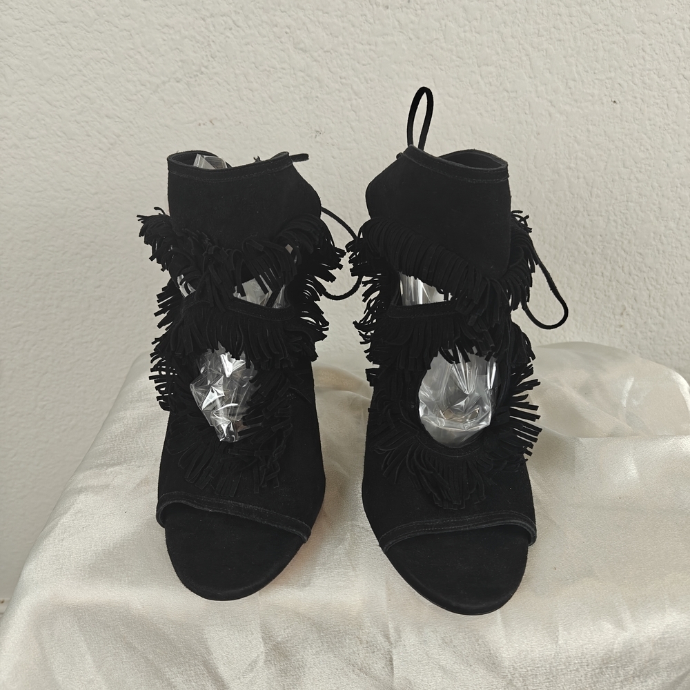 Aquazzura Sexy Fringe 105 Black Suede Cutout Sandal Heels 37.5/7.5 Women's - Picture 4 of 15